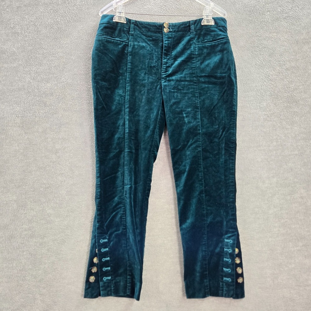 Anthropologie Women Pants 12 Green Velour Ankle Slim Button Hem READ